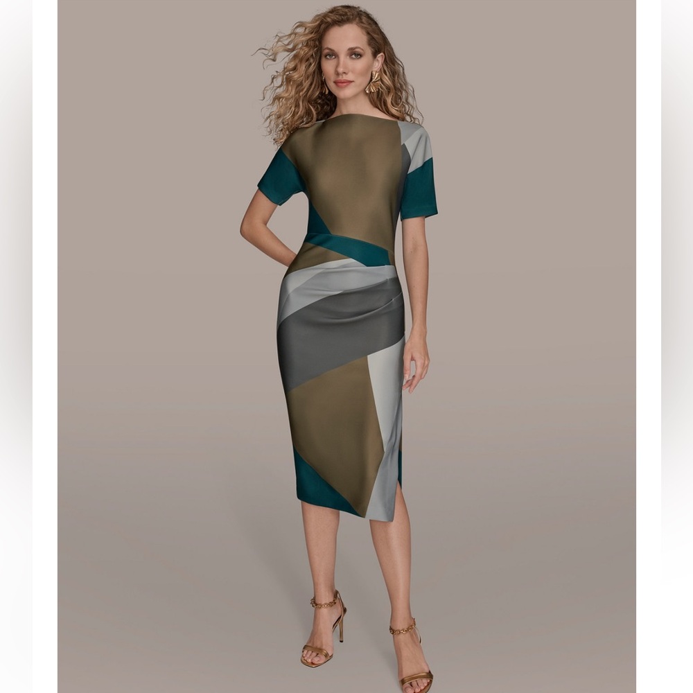 Donna Karan Women's Boat Neck Dress. Sz 14. Antique Green Multi. NWT